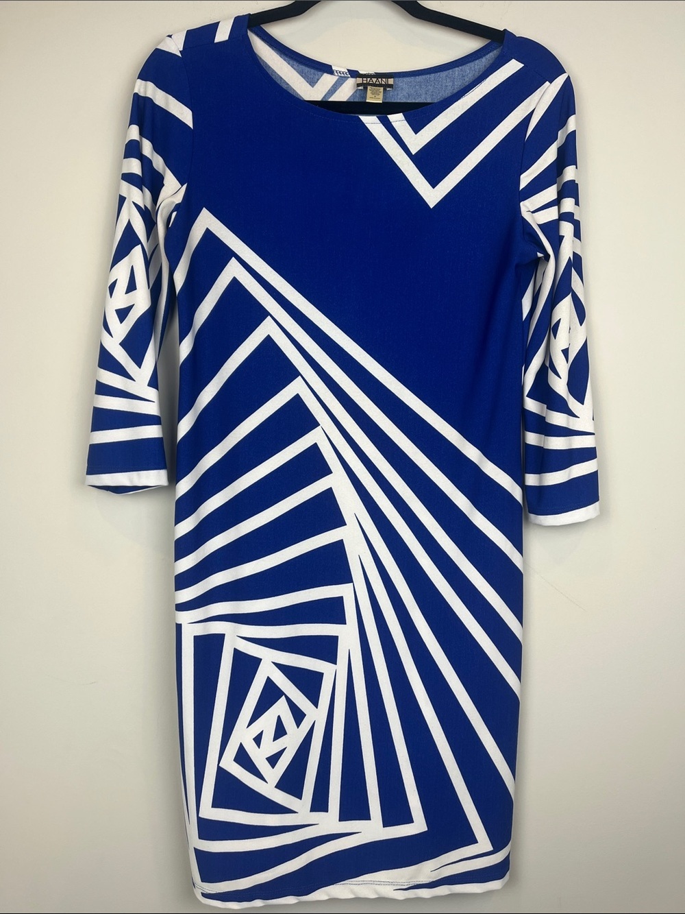 Haani Blue & White Geometric Long Sleeve Shift Dress Geometric Size Small
